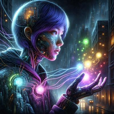 The primary subject of the image is a young woman with purple hair, wearing a futuristic outfit and holding a glowing ball in her hand. The setting is a futuristic cityscape with tall buildings and neon lights. The visual style is digital art, and the colors and mood are vibrant and energetic.